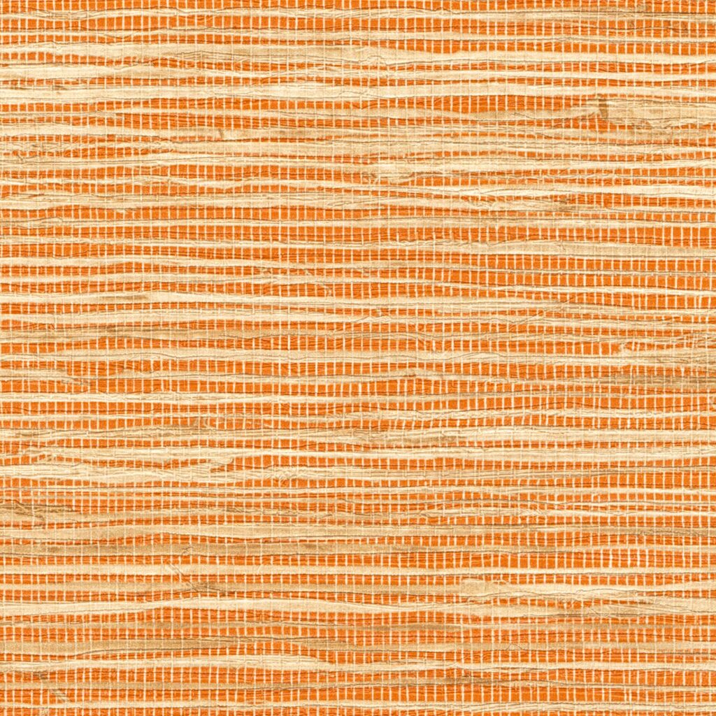 Detail van het oranje Marr Arrowroot behang van Elitis, behang met een grove natuurlijke structuur