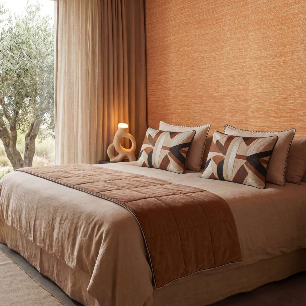 Slaapkamer muur met het oranje Marr Arrowroot behang van Elitis, behang met een grove natuurlijke structuur