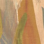 Detail van het behang La caravelle van Elitis: een meerkleurige voorstelling van een landschap met palmbomen