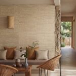 woonkamer met Elitis behang raffia, beige natuurbehang