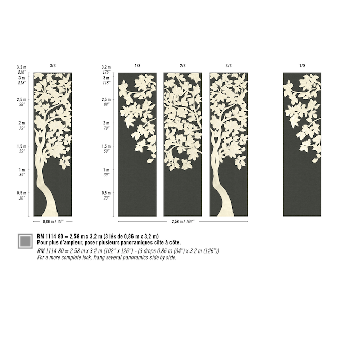 Panorama behang met een handgeborduurde boom in zwart met linnen: Eitis Asvata RM 1114-80