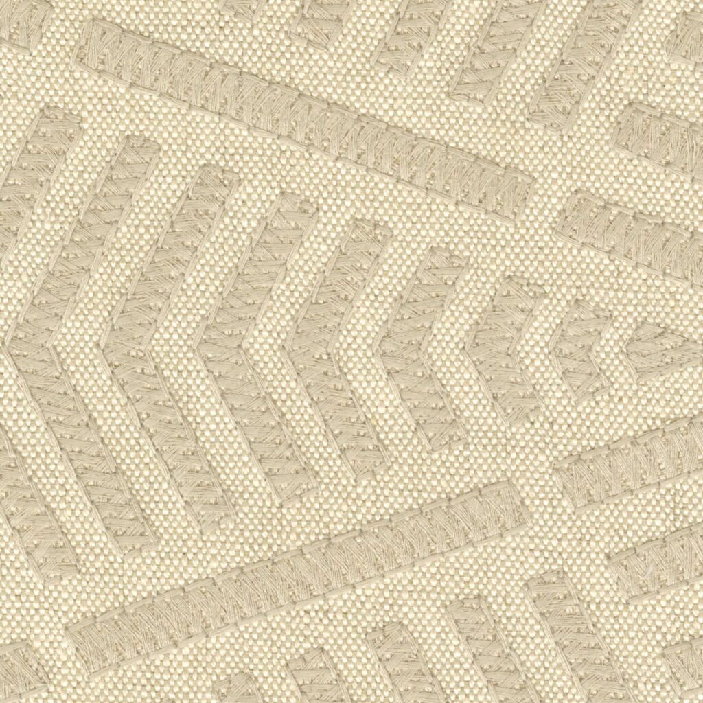 Detail van Elitis Origine Epi, linnen behang met geborduurd wieber patronen in beige