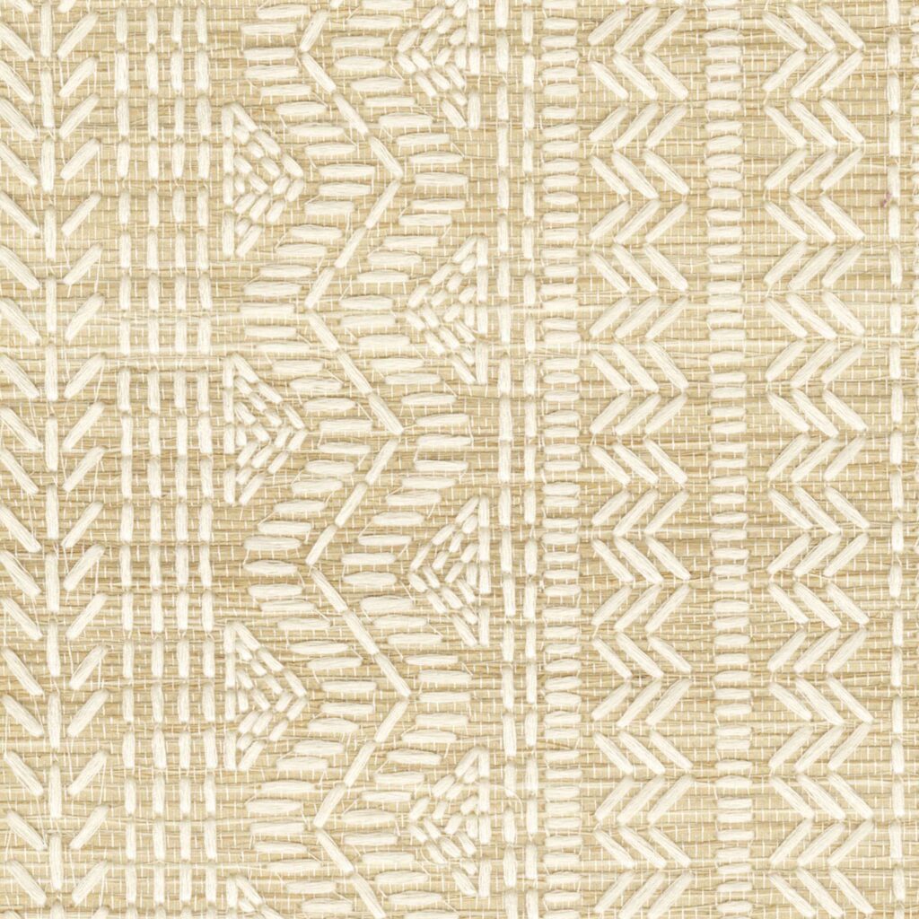 Detail behang met een geborduurd blokpatroon in beige: Elitis Origine Shibui RM 1124-02