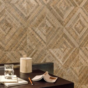 Muur met het beige abaca behang met een geometrisch wieber patroon: Elitis Origine Trenza RM 1115-80 behang