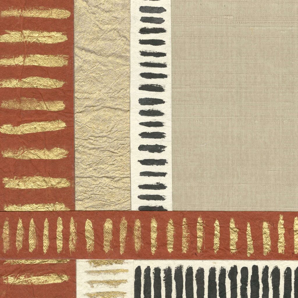 Zijdebehang Pamir Shariz met een blokpatroon van Elitis in rood, beige en goud