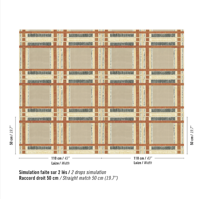 Patroon van Zijdebehang Pamir Shariz met een blokpatroon van Elitis in rood, beige en goud
