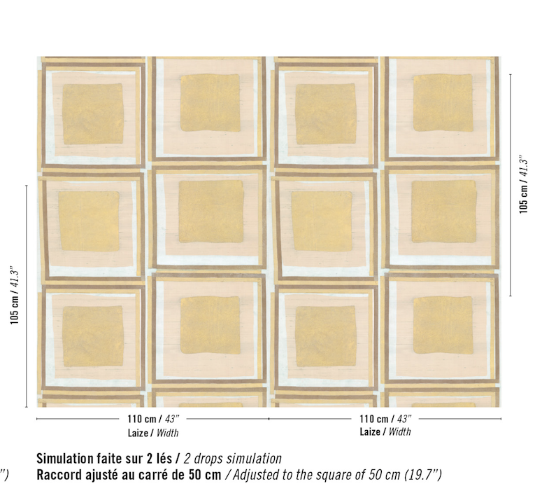 Patroon van Zijdebehang Pamir Amara RM 1128-50 met een goudkleurig blokpatroon