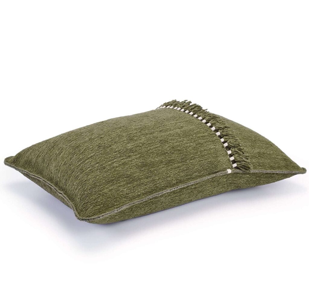 Zijkant van groen kussentje Elitis happy-co-270-65-02 met passement
