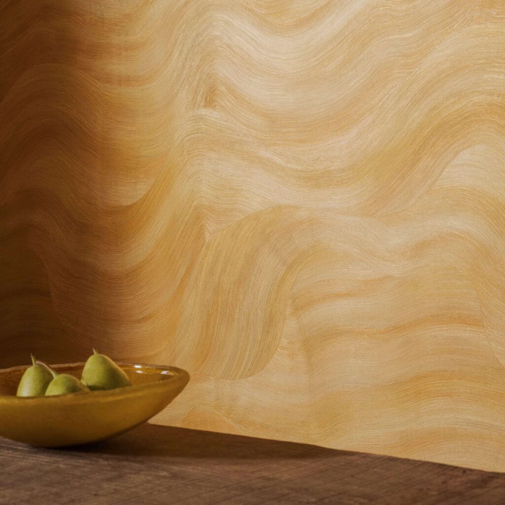 afbeelding van een muur met Elitis Calero VP 1028 behang in goud kleur