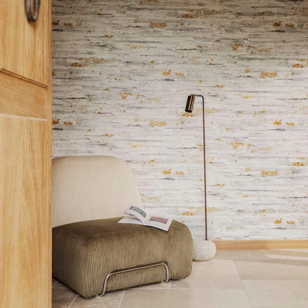 Muur met het behang Elitis Lanzarote Scorza in grijs en goud