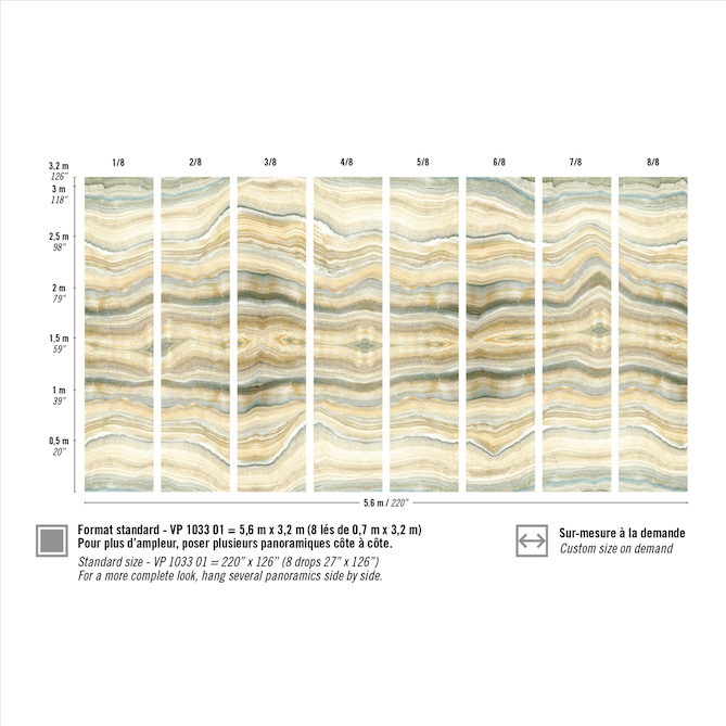 Elitis Terres emmêlées panorama behang van een gesteente in goud en groen