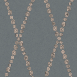 Illustratie van Fornasetti-behang Cammei een wieberpatroon en klassieke munten in grijs goud