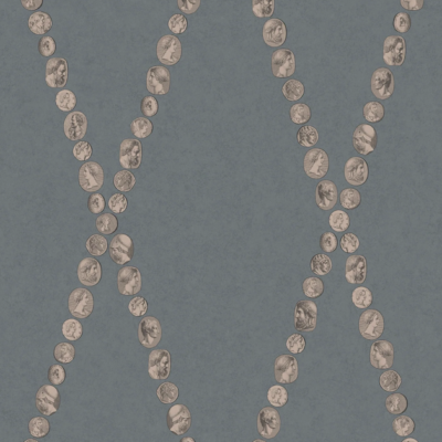 Illustratie van Fornasetti-behang Cammei een wieberpatroon en klassieke munten in grijs goud