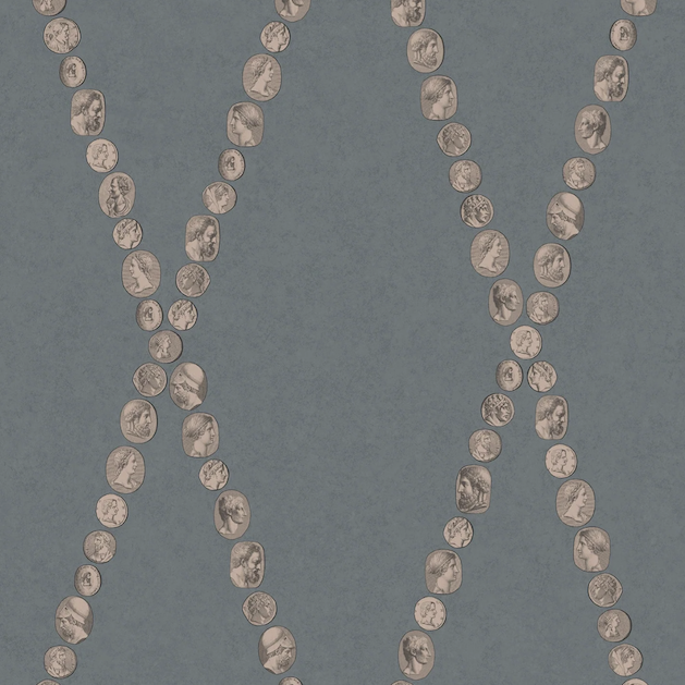 Illustratie van Fornasetti-behang Cammei een wieberpatroon en klassieke munten in grijs goud