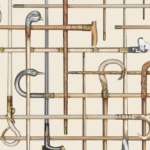 Illustratie van het Fornasetti-behang Bastoni geinspireerd op een sjaalprint met wandestokken in creme