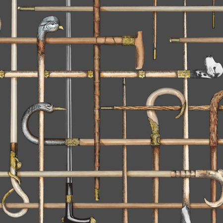 Illustratie van het Fornasetti-behang Bastoni geinspireerd op een sjaalprint met wandestokken in zwart