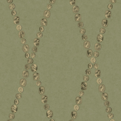detail van een Illustratie van Fornasetti-behang Cammei een wieberpatroon en klassieke munten in groen/goud