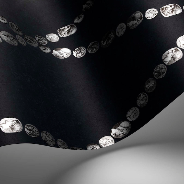 detail van een Illustratie van Fornasetti-behang Cammei een wieberpatroon en klassieke munten in zwart/zilver