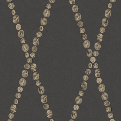 Illustratie van Fornasetti-behang Cammei een wieberpatroon en klassieke munten in zwart/goud