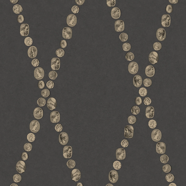 Illustratie van Fornasetti-behang Cammei een wieberpatroon en klassieke munten in zwart/goud