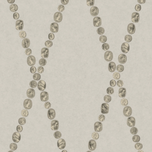 Illustratie van Fornasetti-behang Cammei een wieberpatroon en klassieke munten in beige goud