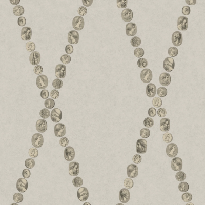 Illustratie van Fornasetti-behang Cammei een wieberpatroon en klassieke munten in beige goud