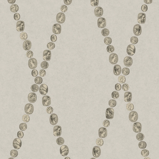 Illustratie van Fornasetti-behang Cammei een wieberpatroon en klassieke munten in beige goud