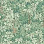 Fornasetti-behang met mos groene bladeren, en verborgen gouden sleutels tussen het gebladerte.