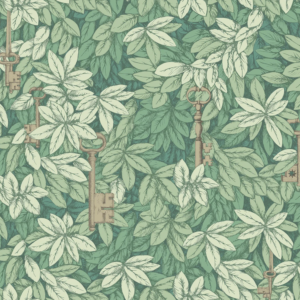 Fornasetti-behang met mos groene bladeren, en verborgen gouden sleutels tussen het gebladerte.