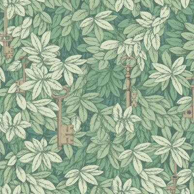 Fornasetti-behang met mos groene bladeren, en verborgen gouden sleutels tussen het gebladerte.