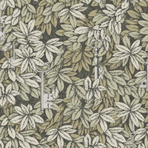 Fornasetti-behang met mos groene bladeren, en verborgen sleutels tussen het gebladerte.