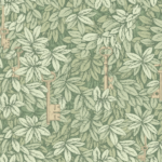 Fornasetti-behang met helder groene bladeren, en verborgen sleutels tussen het gebladerte.