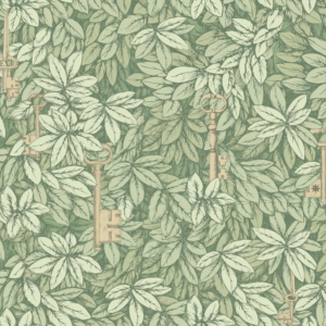 Fornasetti-behang met helder groene bladeren, en verborgen sleutels tussen het gebladerte.