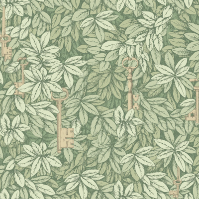 Fornasetti-behang met helder groene bladeren, en verborgen sleutels tussen het gebladerte.