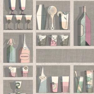 Illustratie van het Fornasetti-behang Cocktails met een kast vol flessen en bekers in pastel kleuren