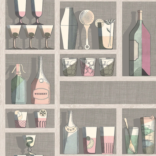 Illustratie van het Fornasetti-behang Cocktails met een kast vol flessen en bekers in pastel kleuren
