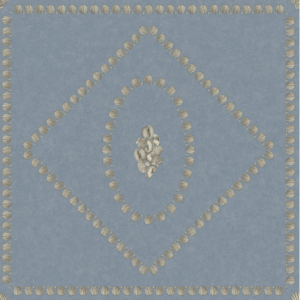 Illustratie van Fornasetti-behang Conchiglie een geometrisch patroon met schelp details in blauw en goud