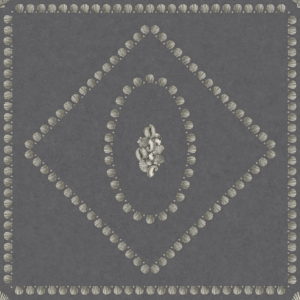 Illustratie van Fornasetti-behang Conchiglie een geometrisch patroon met schelp details in zwarte en zilver