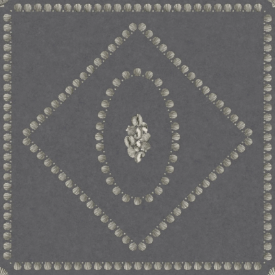 Illustratie van Fornasetti-behang Conchiglie een geometrisch patroon met schelp details in zwarte en zilver