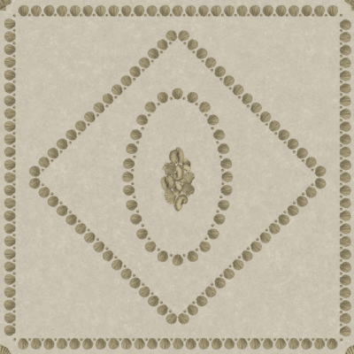 Illustratie van Fornasetti-behang Conchiglie een geometrisch patroon met schelp details in creme en goud