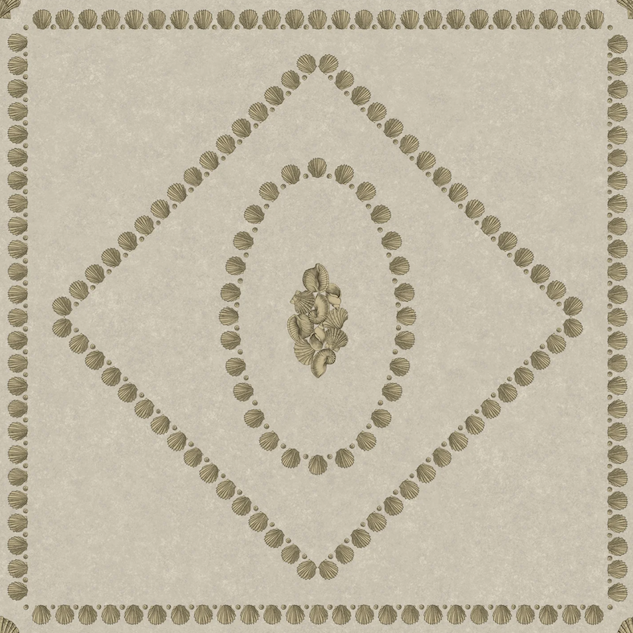 Illustratie van Fornasetti-behang Conchiglie een geometrisch patroon met schelp details in creme en goud