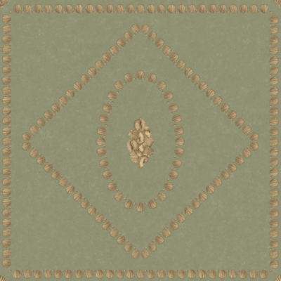 Illustratie van Fornasetti-behang Conchiglie een geometrisch patroon met schelp details in blauw en goud