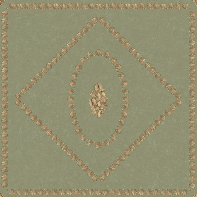 Illustratie van Fornasetti-behang Conchiglie een geometrisch patroon met schelp details in blauw en goud