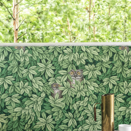 toepassing van het Fornasetti-behang Foglie e Civette met groene bladeren en tekeningen van uilen tussen het gebladerte.