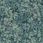 Fornasetti-behang Foglie e Scimmie met groene bladeren en tekeningen van aapjes tussen het gebladerte.