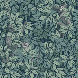 Fornasetti-behang Foglie e Scimmie met groene bladeren en tekeningen van aapjes tussen het gebladerte.