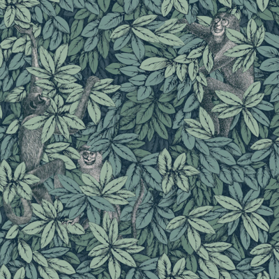 Fornasetti-behang Foglie e Scimmie met groene bladeren en tekeningen van aapjes tussen het gebladerte.