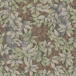 Fornasetti-behang Foglie e Scimmie met groene bladeren en tekeningen van aapjes tussen het gebladerte, oranje ondergrond