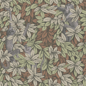 Fornasetti-behang Foglie e Scimmie met groene bladeren en tekeningen van aapjes tussen het gebladerte, oranje ondergrond