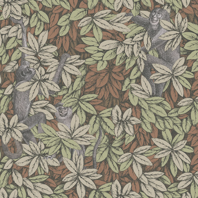 Fornasetti-behang Foglie e Scimmie met groene bladeren en tekeningen van aapjes tussen het gebladerte, oranje ondergrond